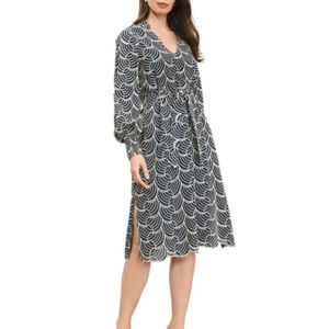 Donna Karan blue and white V-NECK PRINTED EYELET MIDI DRESS size 00 MSRP 395 new